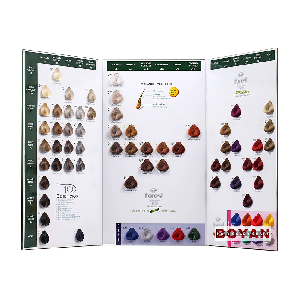 Color retention and multiple color choice 3-page hair dye color swatch chart for display