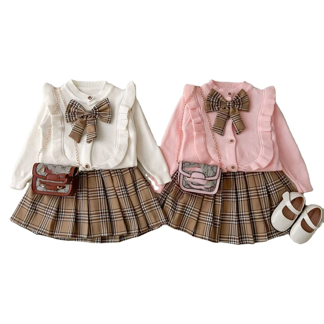 Autumn Winter Girls College Style Suit Sweater Lace Doll Collar Knit Top+Pleated Skirt Two Piece girls sets clothings boutique