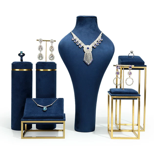 Custom Suede Blue Luxury Jewelry Stand Metal Store Jewelry Display Set for Cabinet Counter