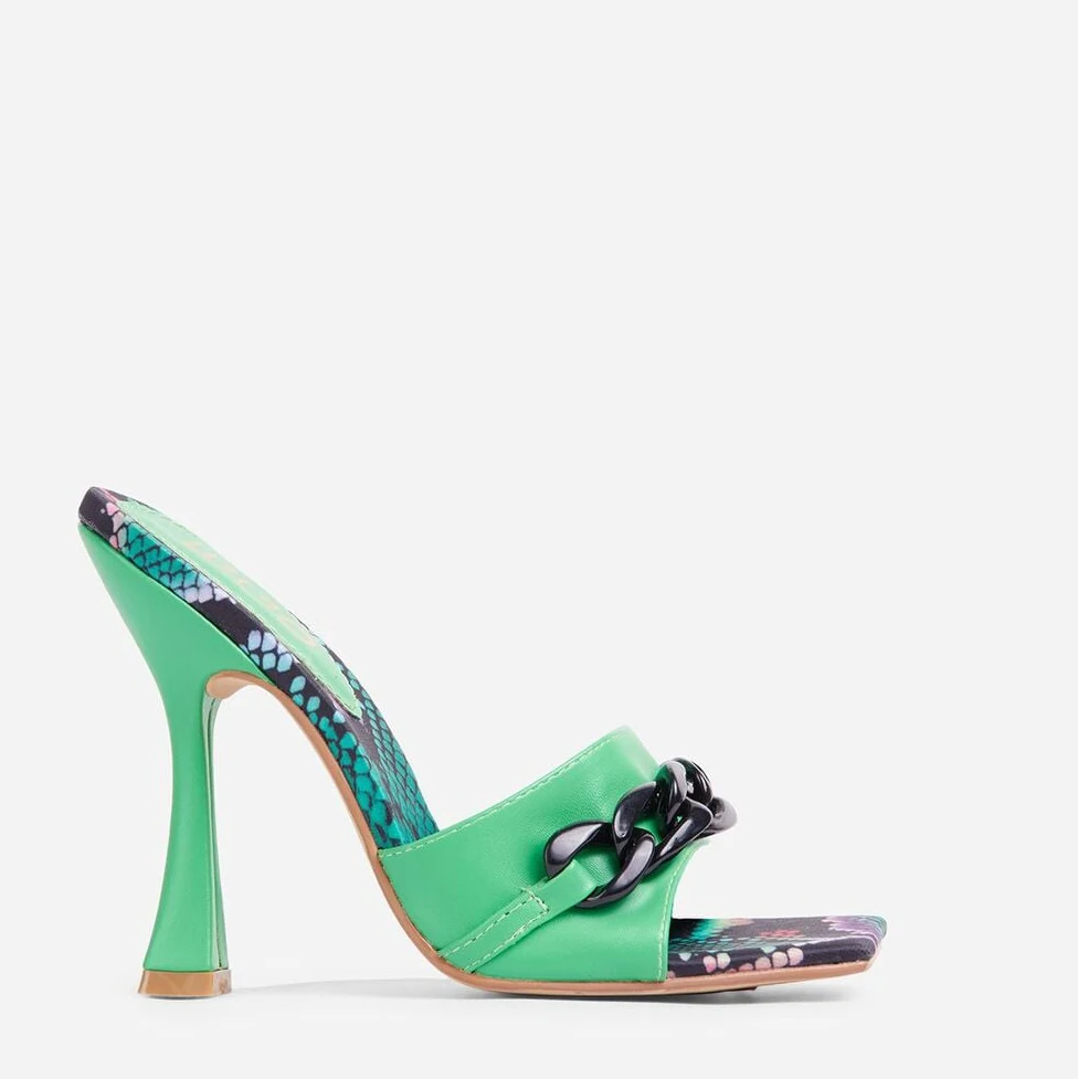 
2020 New Arrival Black faux leather leopard print sexy chain decoration stiletto square toe fashionable temperament slippers wom 