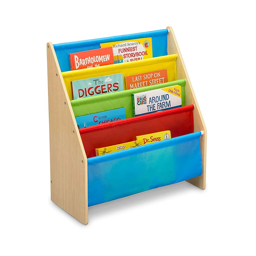 Natural Wood Sling Book Rack Storage Bookshelf for Magazines or Coloring Books