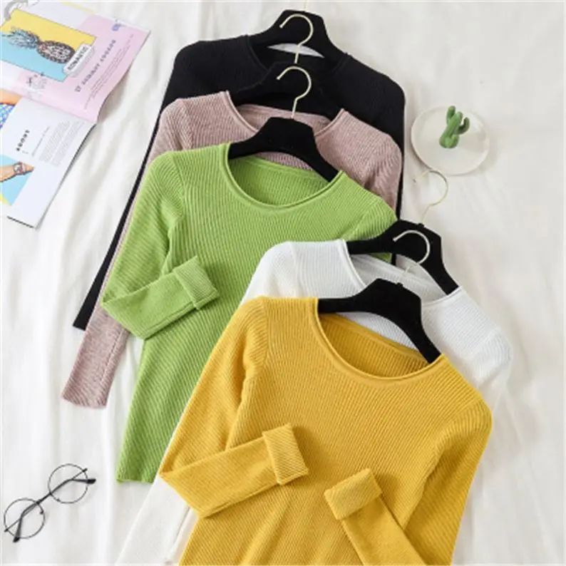 Pure color round neck long-sleeved sweater top women 2021 autumn and winter new slim all-match bottoming shirt 077