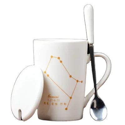 12 Constellations Creative Ceramic Mugs with Spoon Lid Black and Gold Porcelain Zodiac Milk Coffee Cup