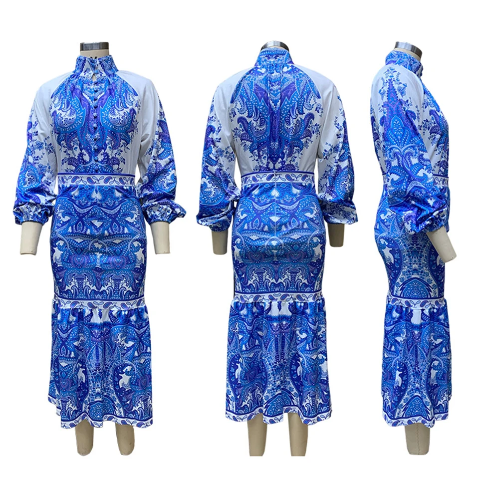 Autumn new bohemian print plus size ladies elegant dress 2piece suit women formal dresses and skirts two pieces