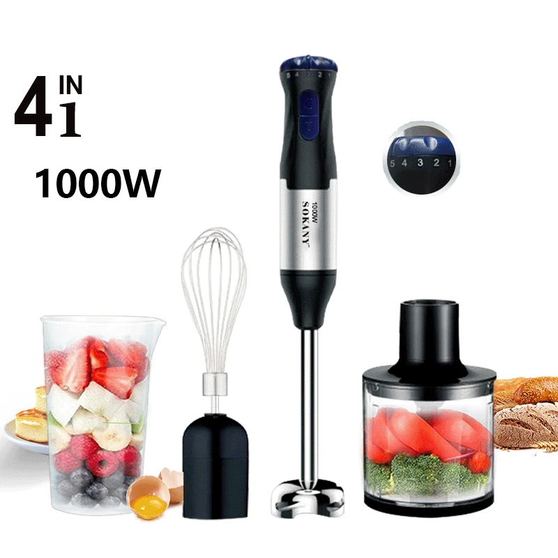 Portable 4 In 1 Electric Handheld Immersion Blender 1000W Hand Blender Turbo Mode Stick With Whisk  Milk Frother Food Processor