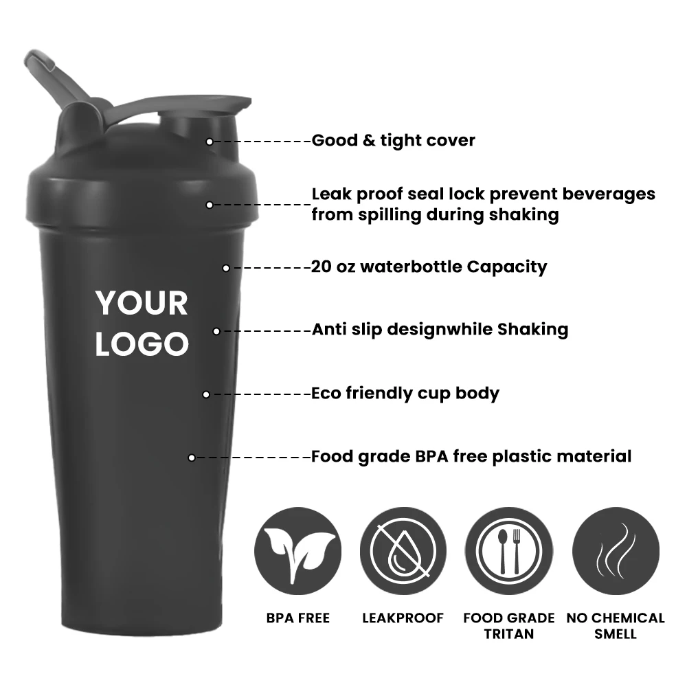 Custom Logo 400ml 600ml Fitness Plastic Black Gym Blender Shaker Cup Protein Shaker Bottle for Sports Water