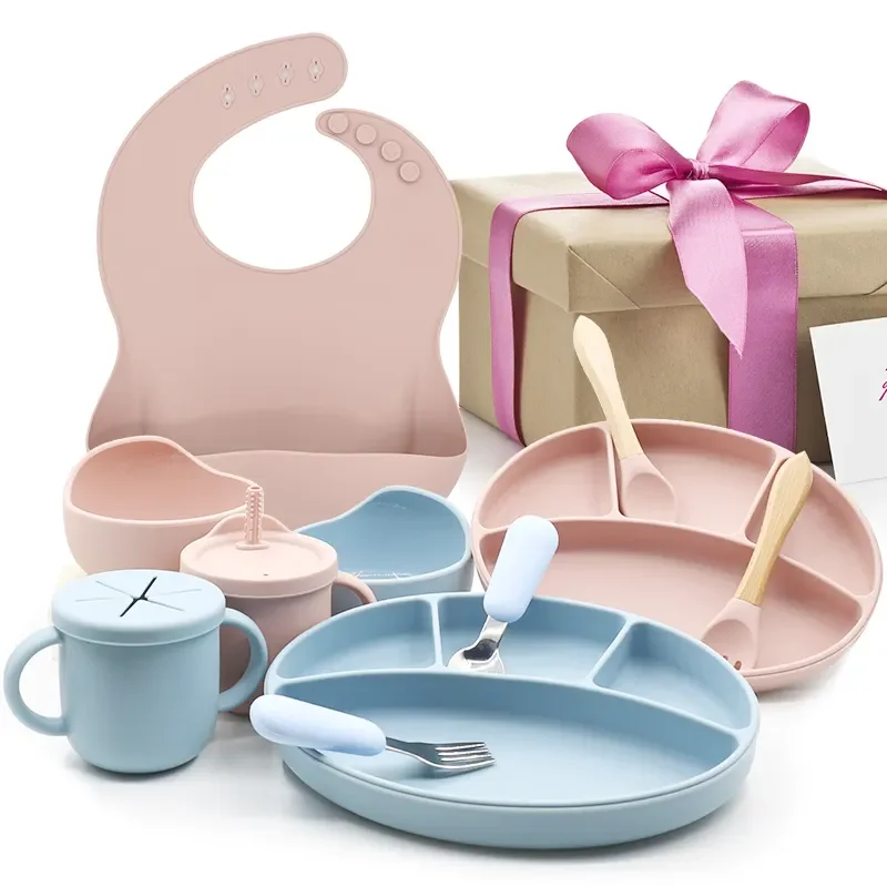 BPA Free Baby Tableware Set Bowls Spoon Bib Baby Silicone Divided Suction Plate silicone Baby Feeding Set dishwasher safe
