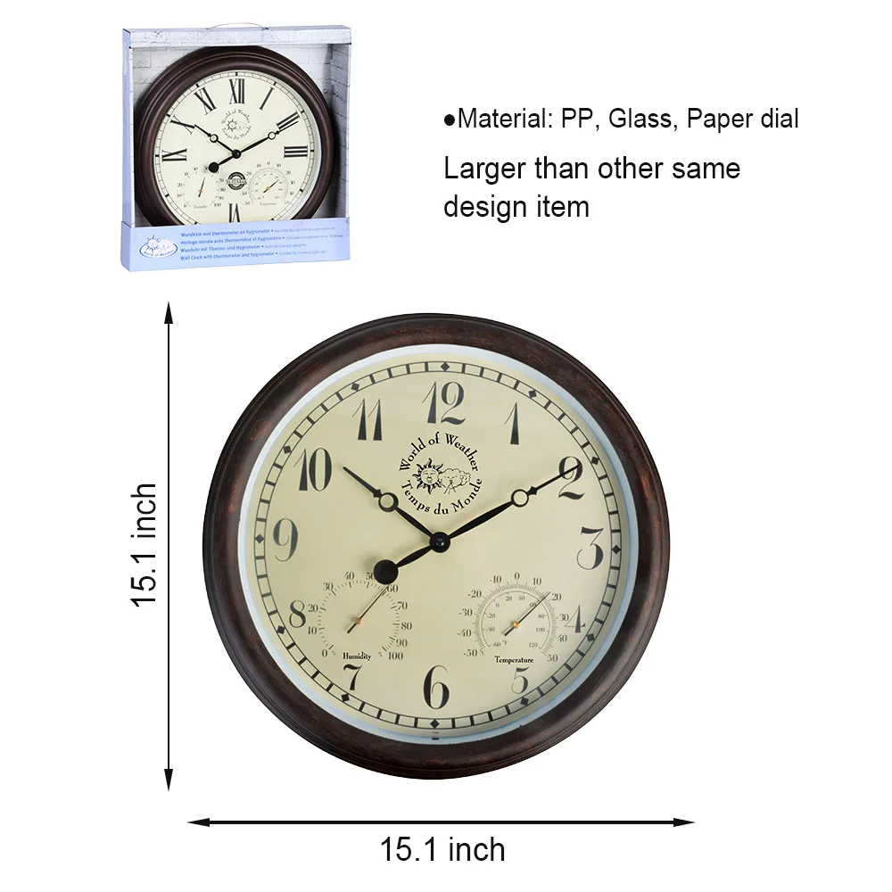 Esschert Design custom logo Roman numerals outdoor clock plastic antique brown wall clock with Color window box plastic handle