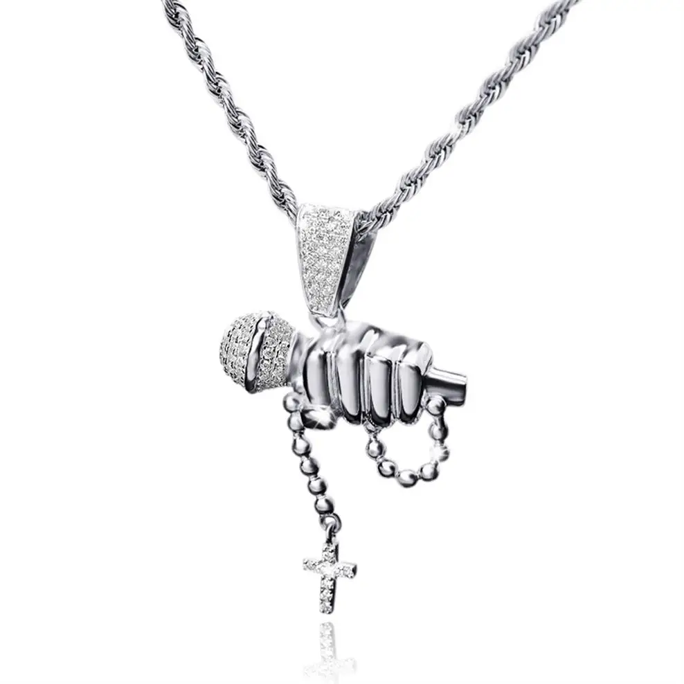 Men Rapper Jewelry Pave Cz Rock Music Iced Out Zircon 925 Sterling Silver Microphone Pendant Necklace