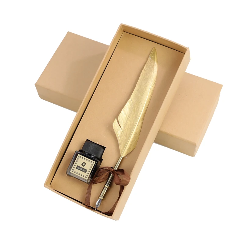 Золотистые/Серебристые каллиграфические стержни из натурального гусиного пера для письма свадебных подписей набор перьевых карандашей с бутылкой