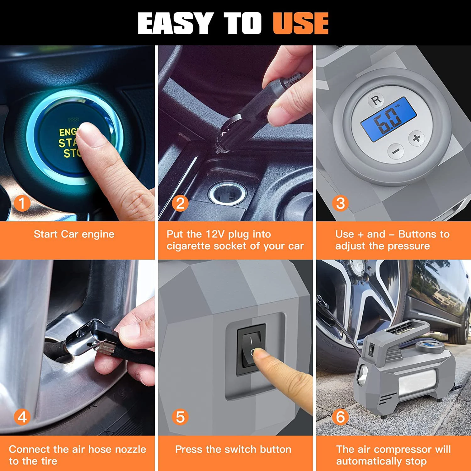 12V tyre inflator Air Pump Portable Car Air Compressor 150 PSI with Emergency LED Light for Car Motorcycle Bicycle