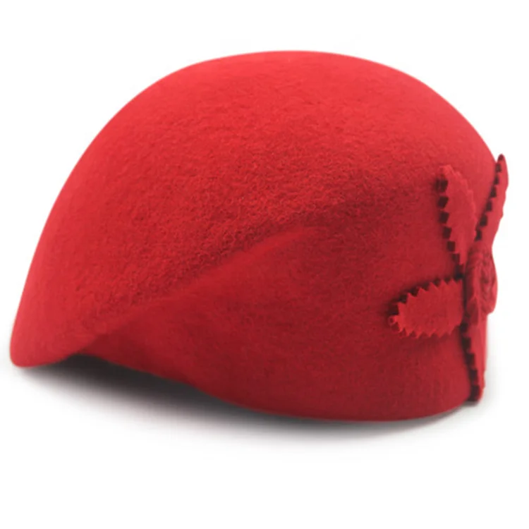 Горячее Качество Твердый коричневый шерсть женщина Fedora берет шляпа с красным цветком на открытом воздухе