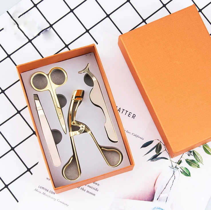 New arrival wholesale four colors stainless lashes tool eyelash curler rose gold eyelash tweezer set applicator