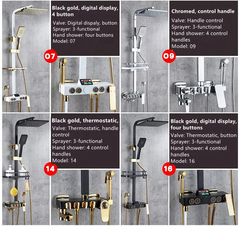 Modern Bathroom Black Wall Mounted Brass Rainfall Thermostatic Shower Massage Faucet Set With Rain Shower System