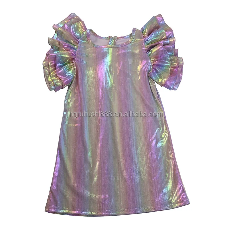 Boutique Multicolor Metallic Fabric Baby Girls T-shirt Dress Flutter Sleeve Fashion Kids Baby Solid Color Dress With Zippers