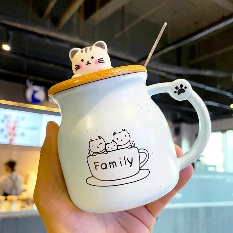 Cute Cat Ceramic Mug with 3D Cat Wooden Lid and Spoon New Design 350ml Couple Cartoon Cats Milk Cup for Women Girls Kids