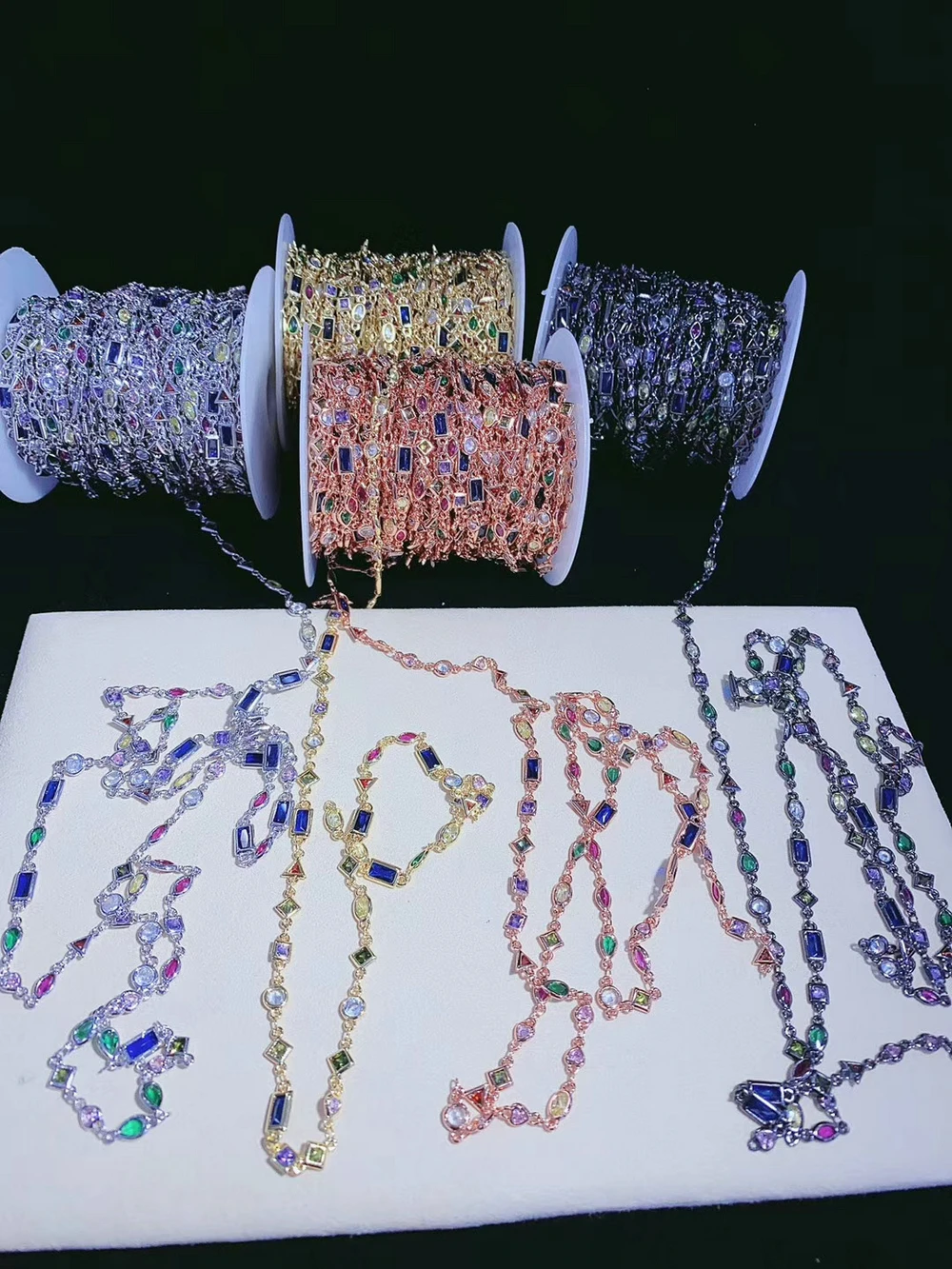 Square/Rectangle/Heart/Pear/Round Shape and Mix Color Cubic Zirconia Wire Wrapped Links CZ Rosary Chain Jewelry Findings