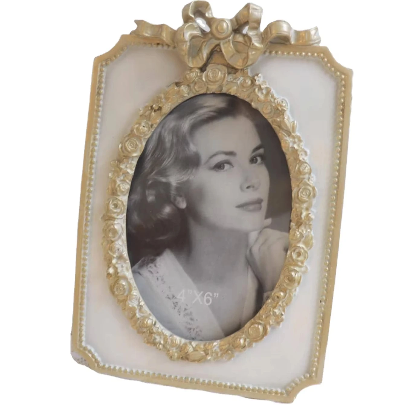 Vintage photo frame 4*6in oval resin picture frame with baroque style retro gold white ribbon carve patterns  home decor