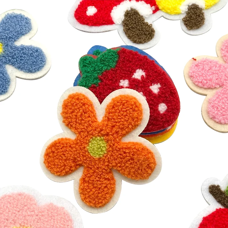 New Cute Colorful Fruit Design Custom Towel Embroidery Patches Custom Flower Chenille Embroidery Iron On Patches for Hat Bag