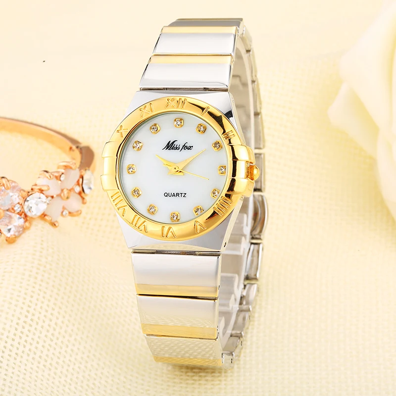 
Miss Fox Fashion Watches Women Diamond Roman Numerals Mother Pearl OmegaINGLY Ladies Gold Watch Waterproof Uhr Quartz Wristwatch 