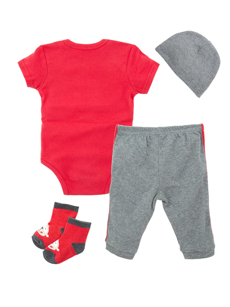 4 pics set romper+pant+hat+socks baby  short sleeve red top and gray pant clothing spring kids clothing set baby girl clothes