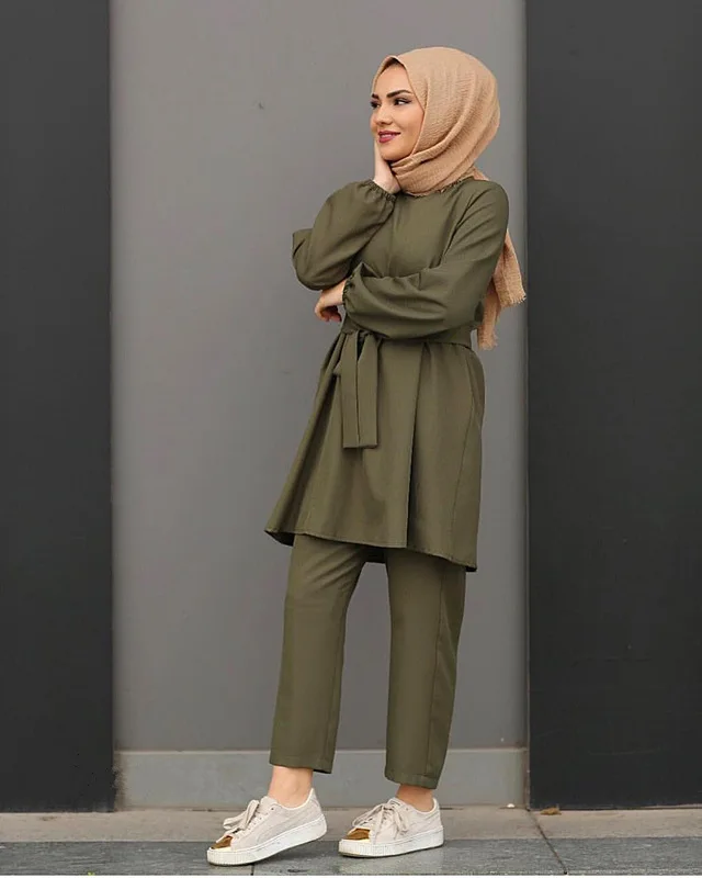 Best selling Arab long sleeve solid color  fashion muslim  two-piece suit women clothing