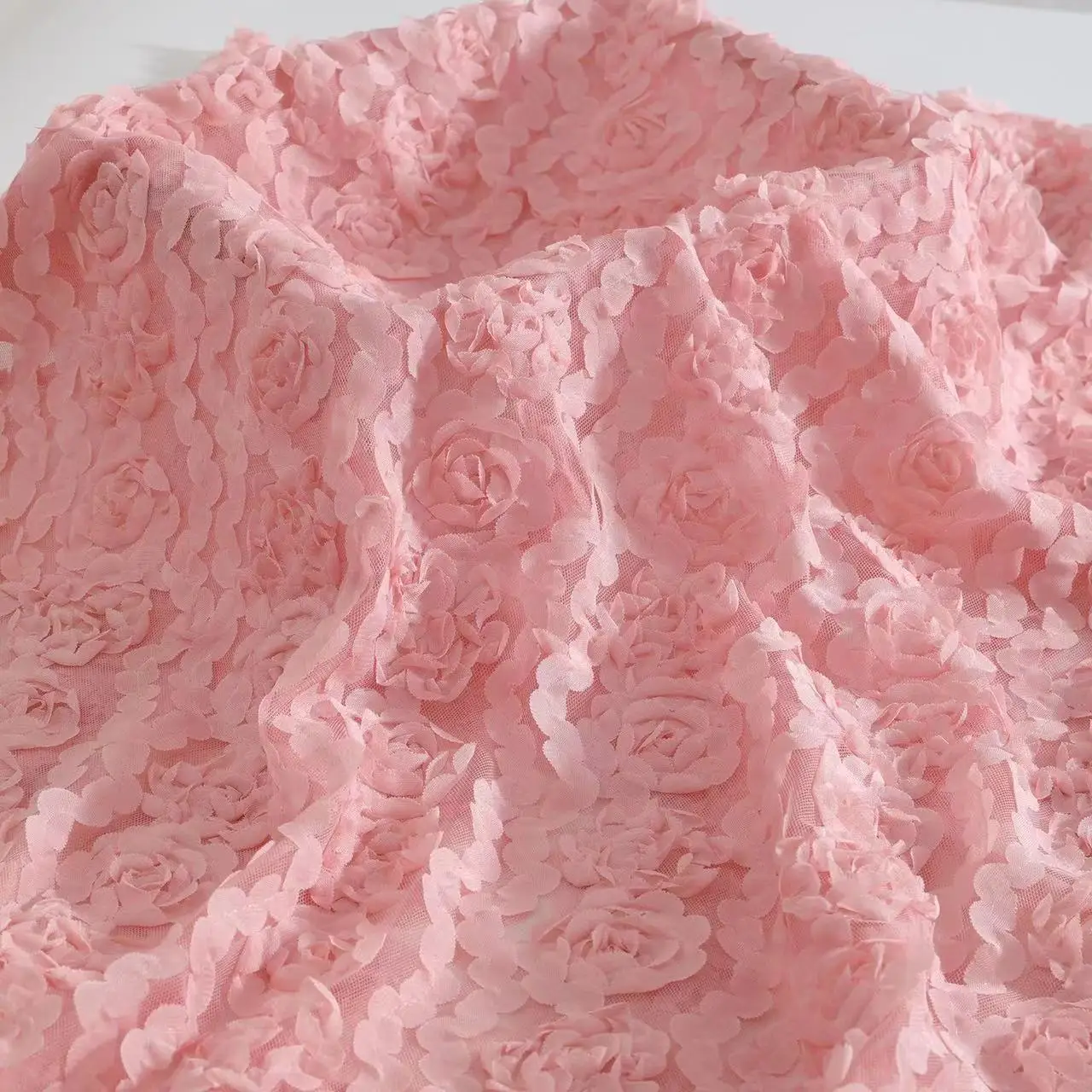 Factory Supply Wholesale Pink Lace Vintage 3d Rose Floral Pattern Embroidery Fabric Rosette Fabric For Wedding Dress