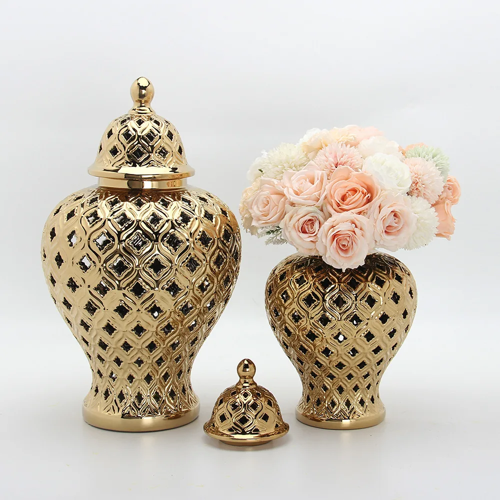 Wholesale Custom Home Hotel Decorative Modern Nordic Luxury Hollow Large Huge Big Ceramic Gold Hammered Ginger Jar Vase