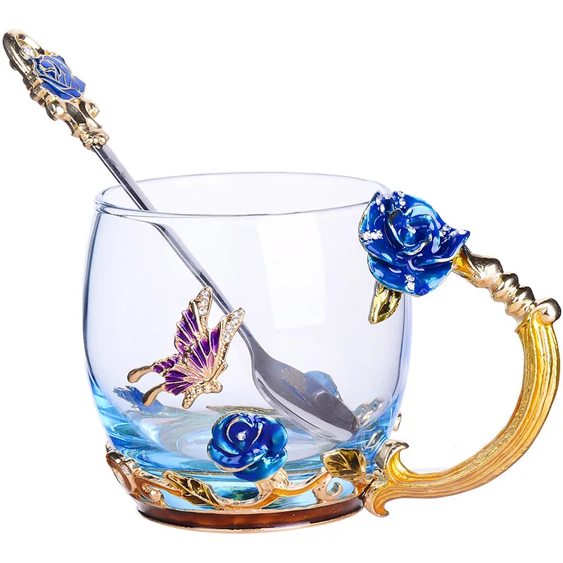 2021 new arrival wholesale Modern Nice Flower Tea Coffee Glass Cup With Spoon Coffee Mugs