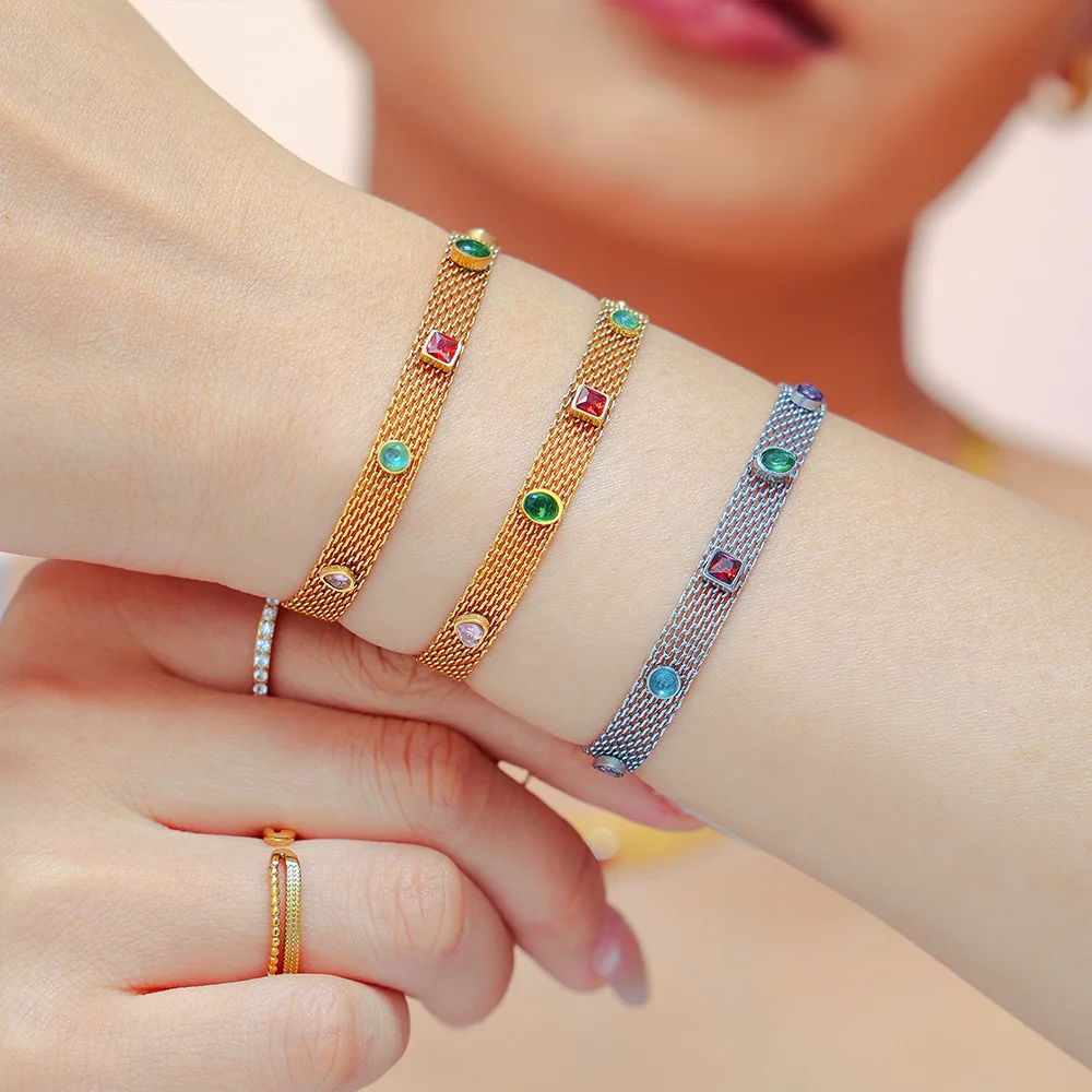 2024 Stainless Steel Jewelry Factory Fine Chain Couple Necklace Bracelet Web Chain Ribbon Geometric Colorful ZirconJewelry Sets