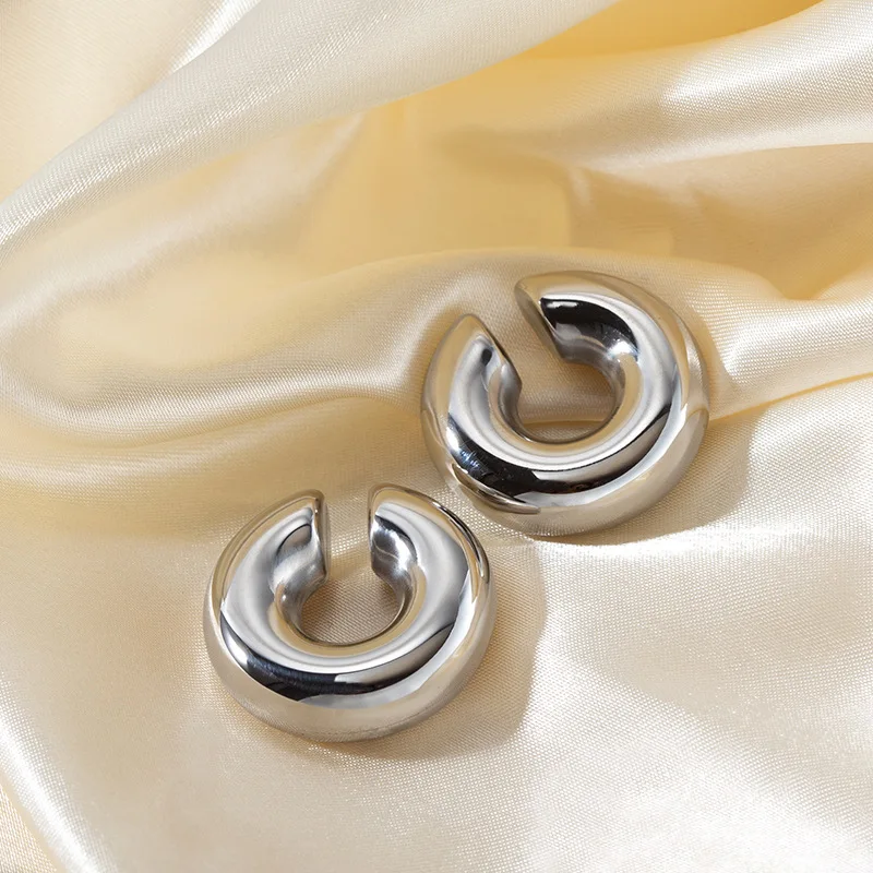 Stainless Steel 18K Gold Plated Big Hoop Earring Trendy Clamp Cuff Clip on Earrings Jewelry