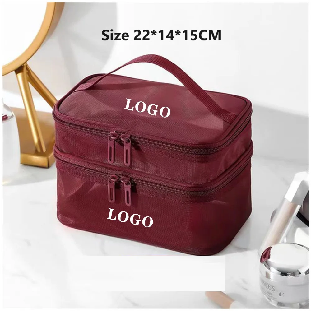 Wholesale Customized Waterproof Maroon Nylon Beauty Pouch Toiletry Bags Makeup Case Large Capacity Cosmetic Bag with Zipper