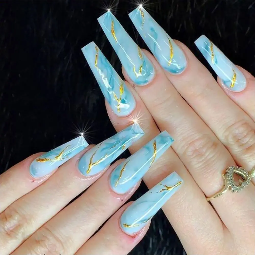 24Pcs Marble Blue Long Coffin False Nails with Gold Wave Lines artificial fingernails Press On Nails Tips