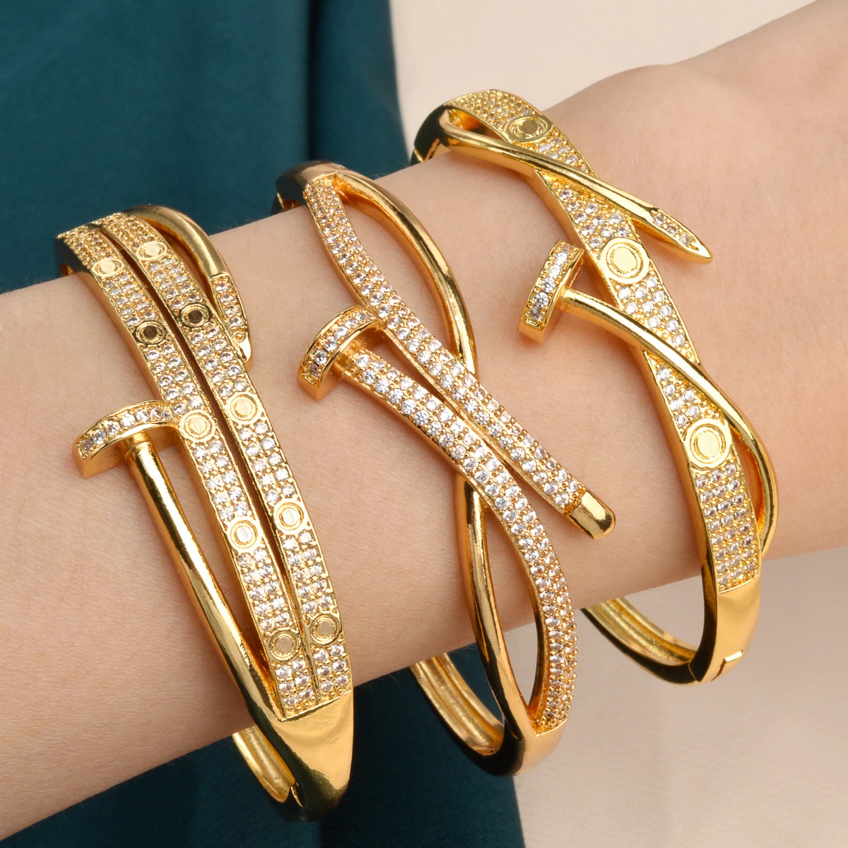 Waterproof Tarnish Free Jewelry 18K gold plated Copper Couple Women Full Diamond Zircon Nail Bracelet set