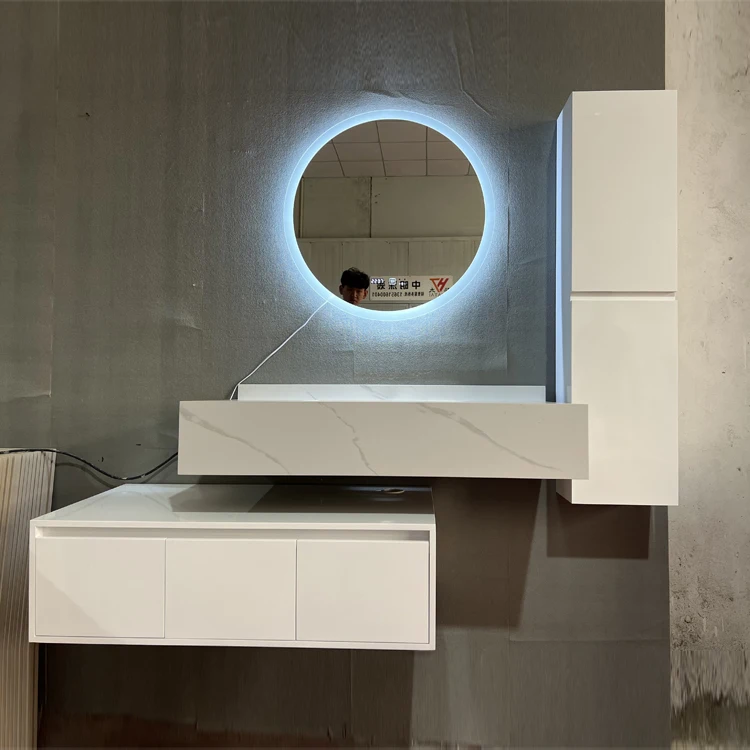 Modern wall mounted PVC white  LED mirror cabinet vanities with ceramic basin and mirror