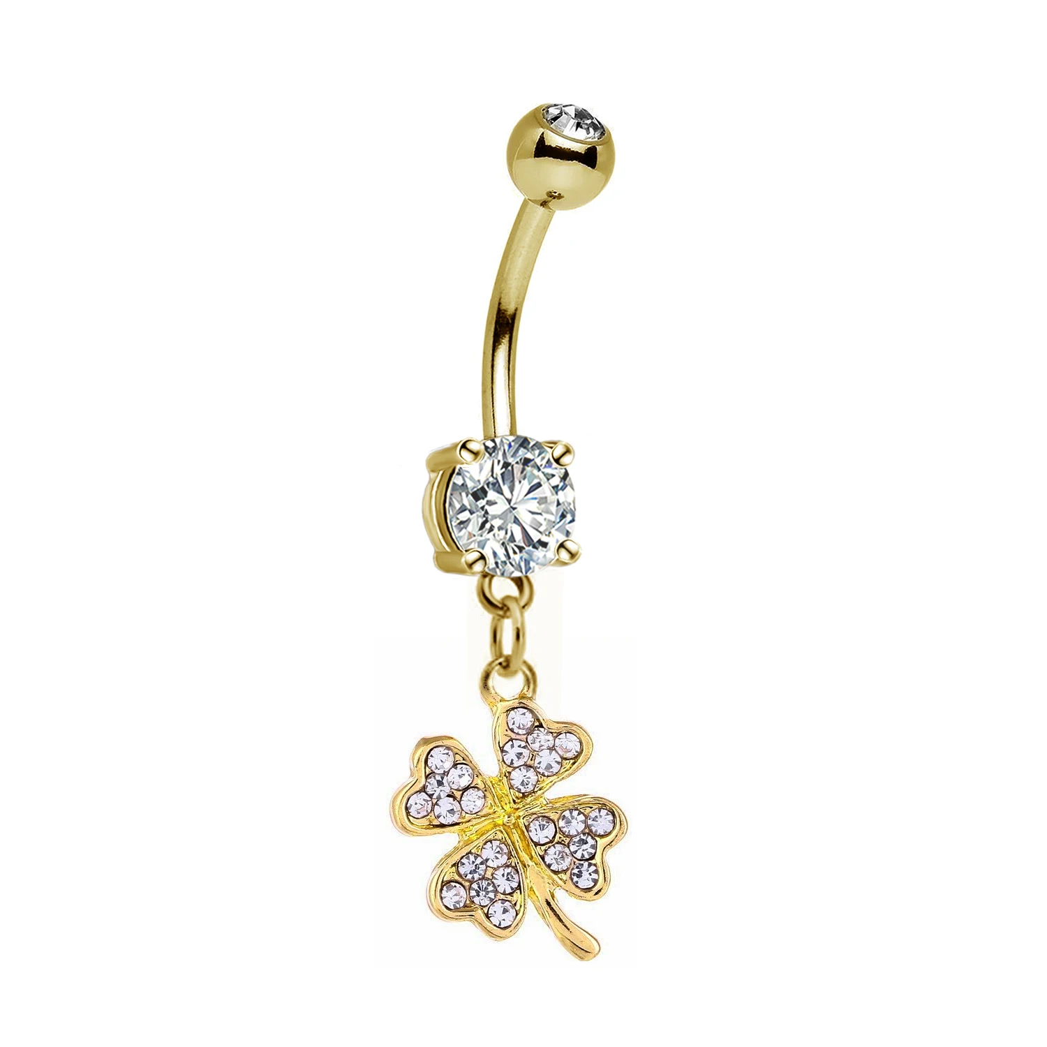 316L stainless steel four-leaf clover flower lock crystal cubic zirconia navel bar belly button ring body piercing jewelry