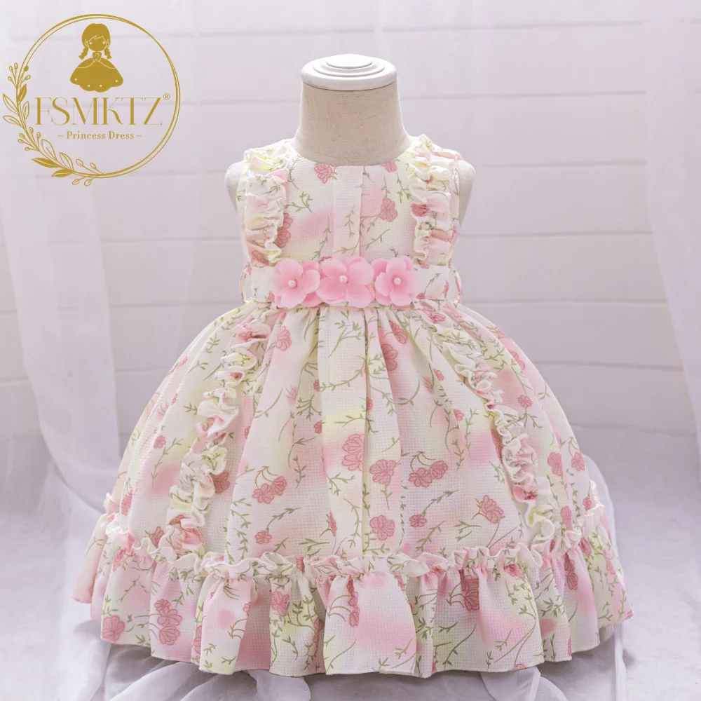 FSMKTZ Lolita Style Flower Printing Baby Girls Party Dress Summer Floral Dress for Kids 2 Year Birthday Frocks for Little Girls