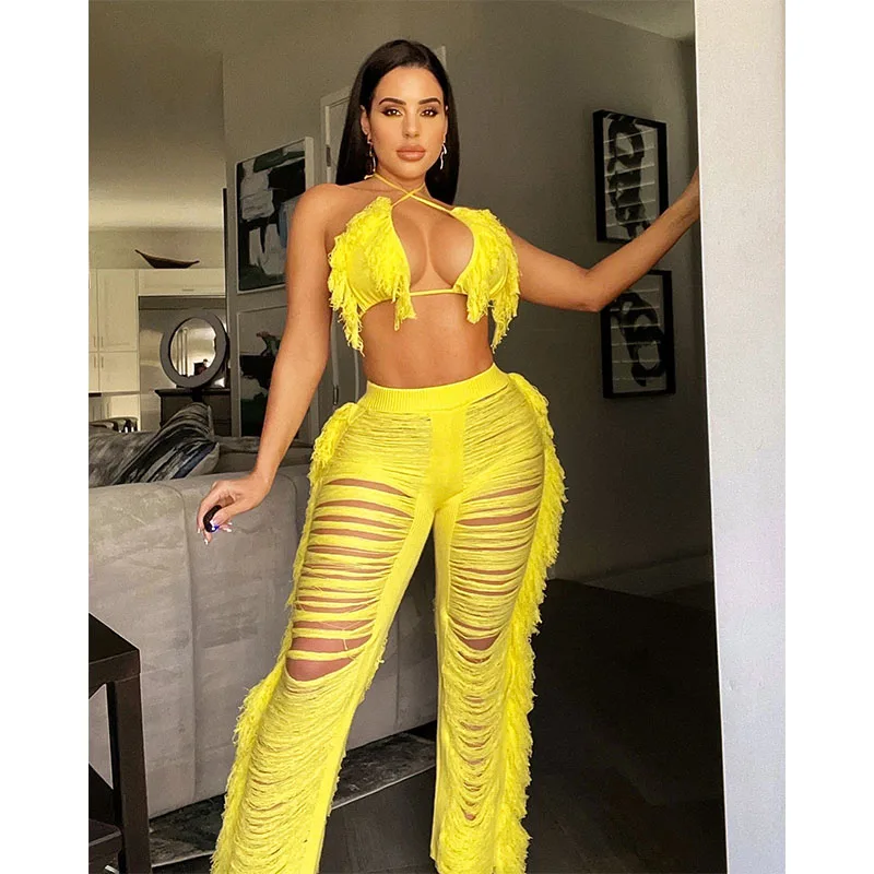 Sexy See Through 2 Pieces Pant  Set Mesh Crochet Dress Knit Women Beachwear Bathingsuit Swimwear Bikini Beach Cover Up Swimsuit