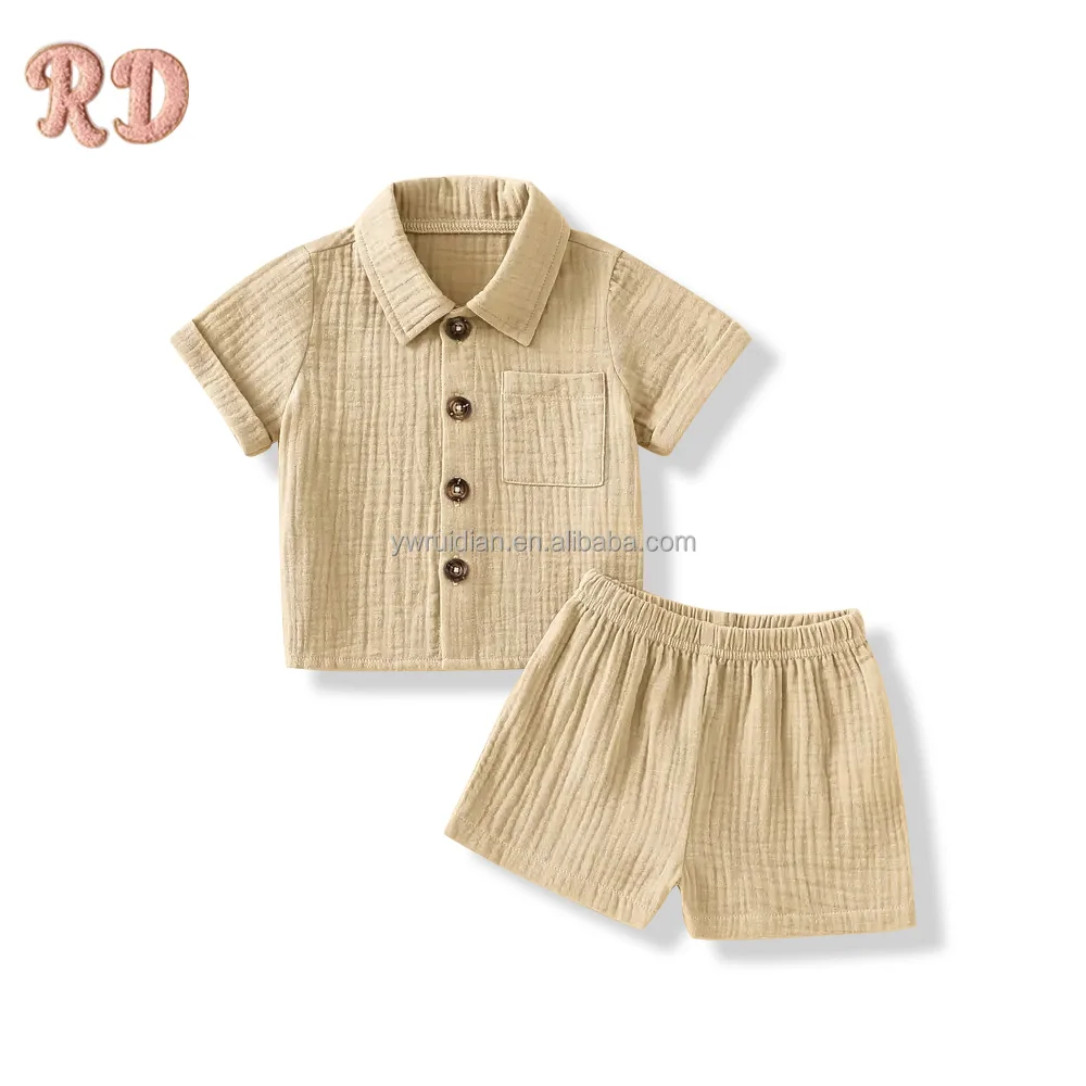 Yiwu Ruidian Kids Custom Wholesale High Quality Cotton Muslin Breathable Cotton Linen Shirt Sets Toddler Boys Clothing Girls Set