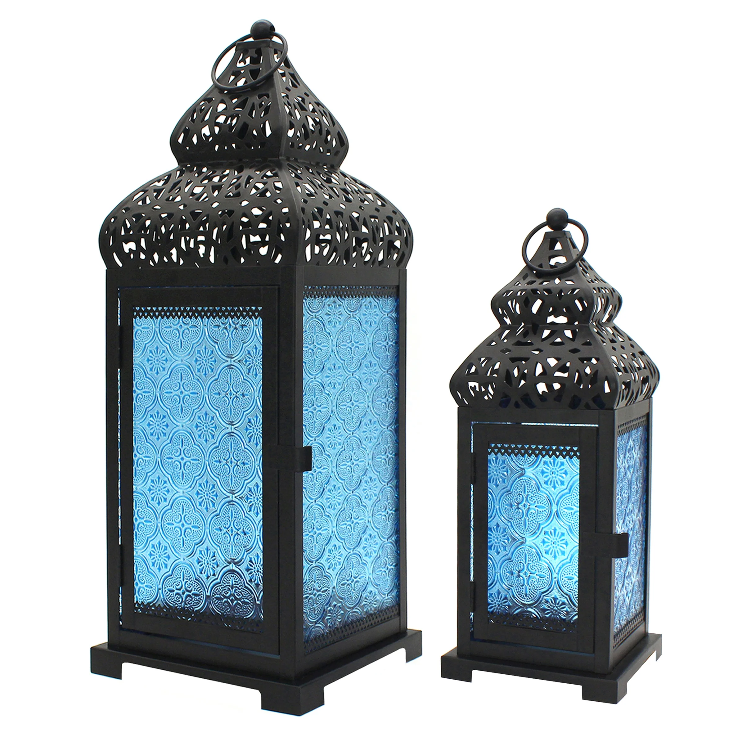 CVHOMEDECO. Decorative Candle Lantern Moroccan Lanterns Rustic Black Metal Lantern Holder for Outdoor Decor. Blue Glass,Set of 2