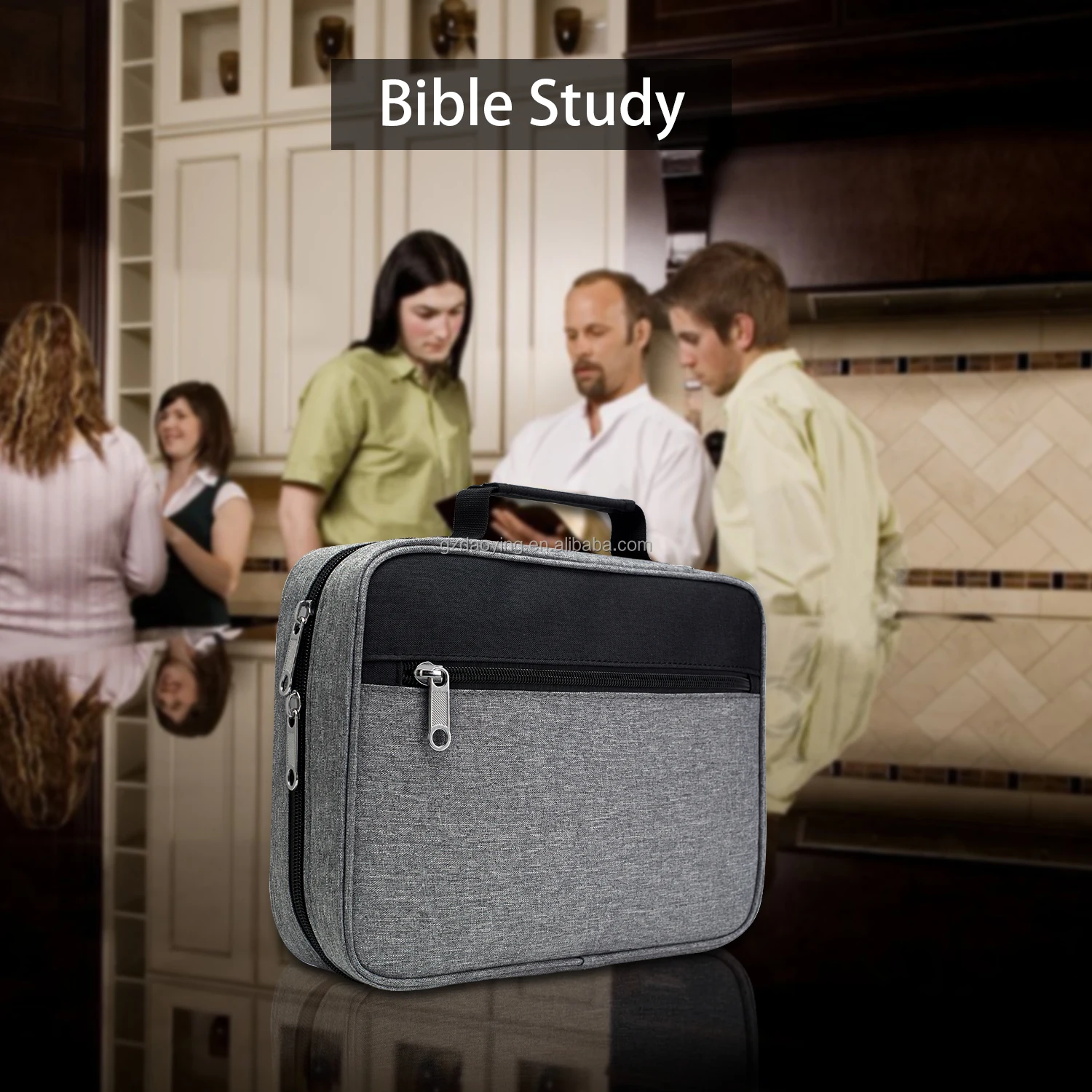 Bible Cover Carrying Book Case Church Bag Bible Protective with Handle Zipper Front Pocket Inner Mesh Pocket Grey&Black