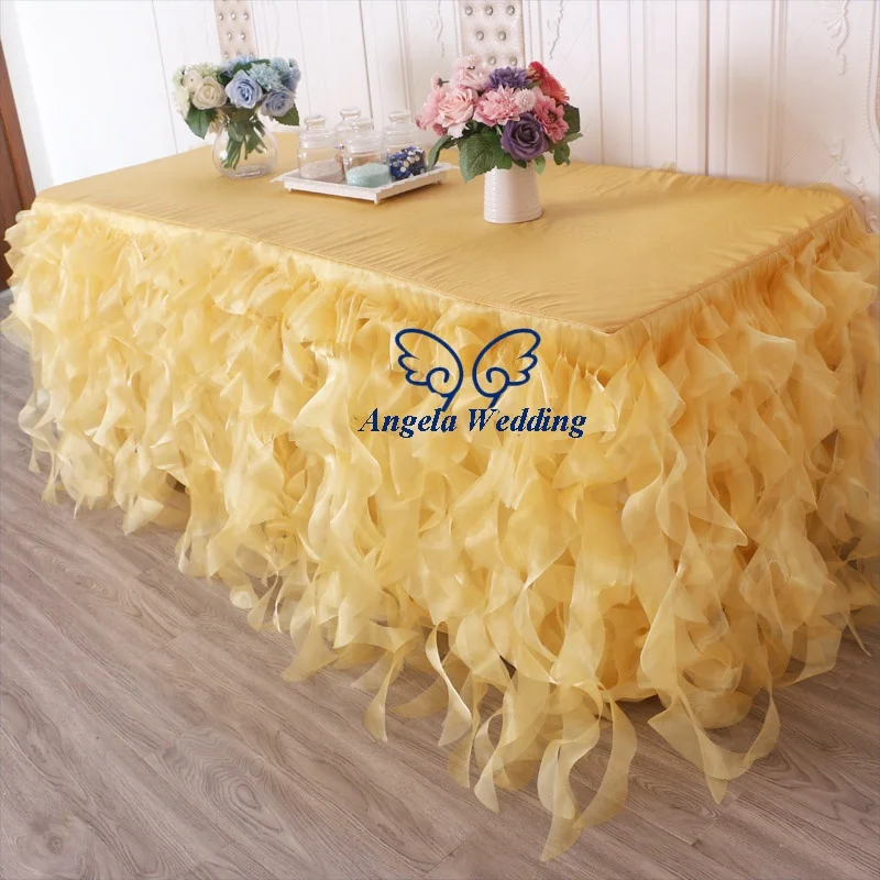 CL010R  manufacture wholesale price 6ft rectangle ruffled curly willow frilly fancy hot pink table cloths with top for wedding