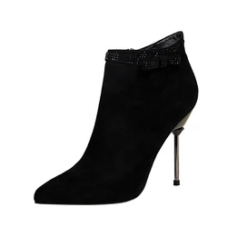 663-8 fashion banquet Short tube Female boots Stiletto heel High heels suede Pointed toes sexy Show thin Short boots