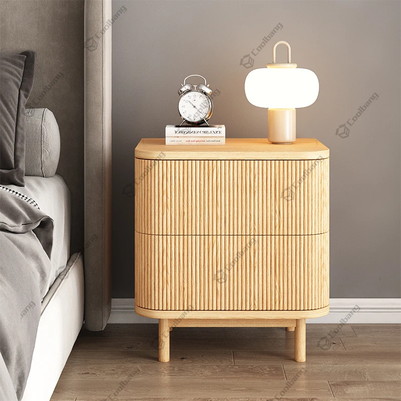 Customizable Wooden Strip Nightstand Minimalist Bed Side Table Rattan Pedestals Bedroom Table Bedside Table