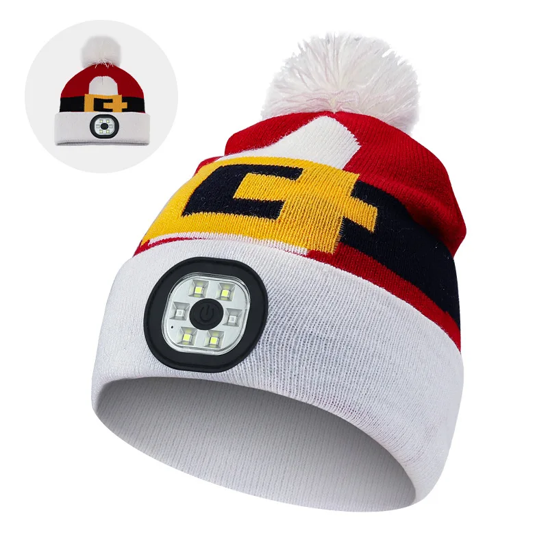 Cartoon Warm Hat with Light LED USB Rechargeable Flashlight Beanie Cap Winter Pom Headlight Knit Cuffed Hat for Kid