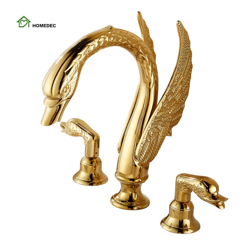 Luxury gold Polished swan Shape Bathroom Sink Tap double handles Vanity Basin mixer faucet