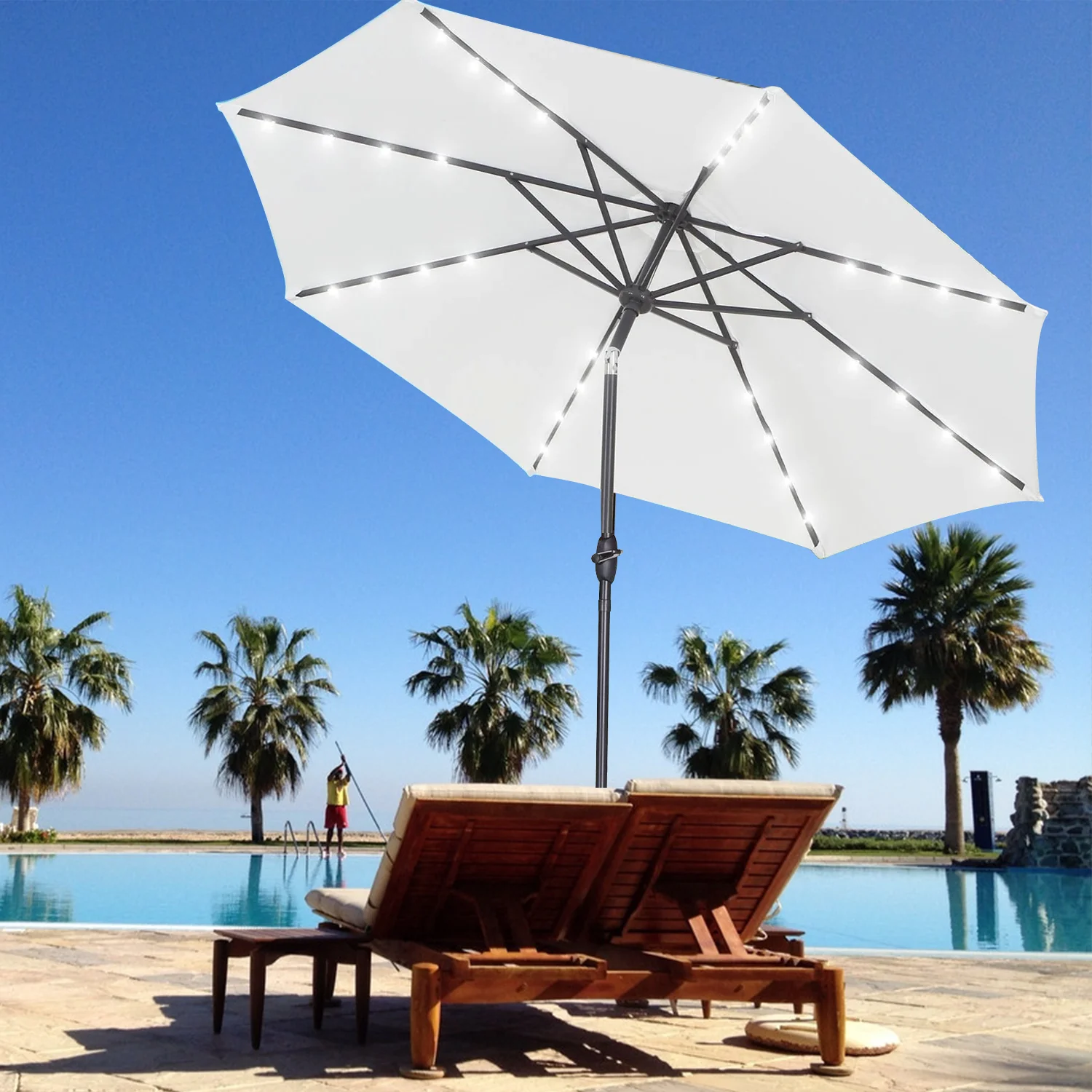 Outdoor Cranked Solar Patio Umbrella Waterproof Parasol Umbrella Central Pole Parasol With Light