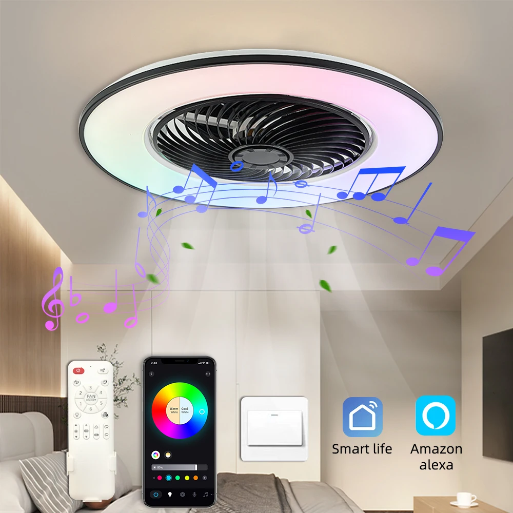 Living room chandelier ceiling fan with light home Tuya Wifi bluetooth music voice remote control RGB ceiling fans with lights