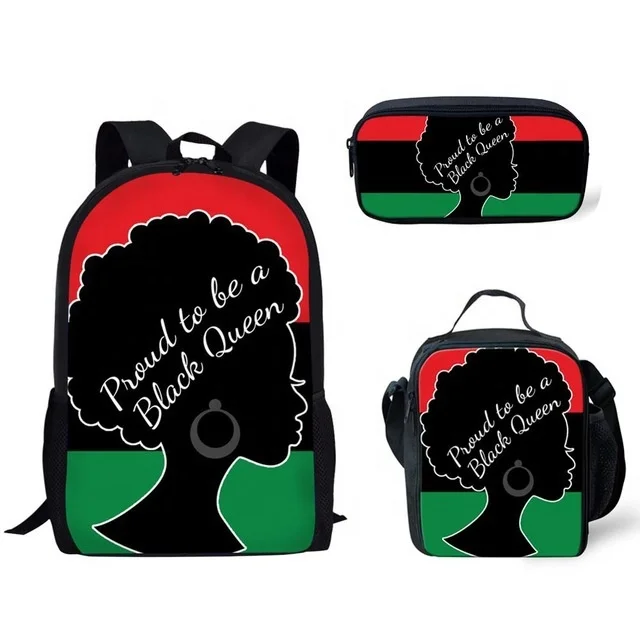 Black Queen Girl Book Bags Backpack Sublimation Custom Print African American Kids Bookbags Book Bag Three Set with Lunch Box