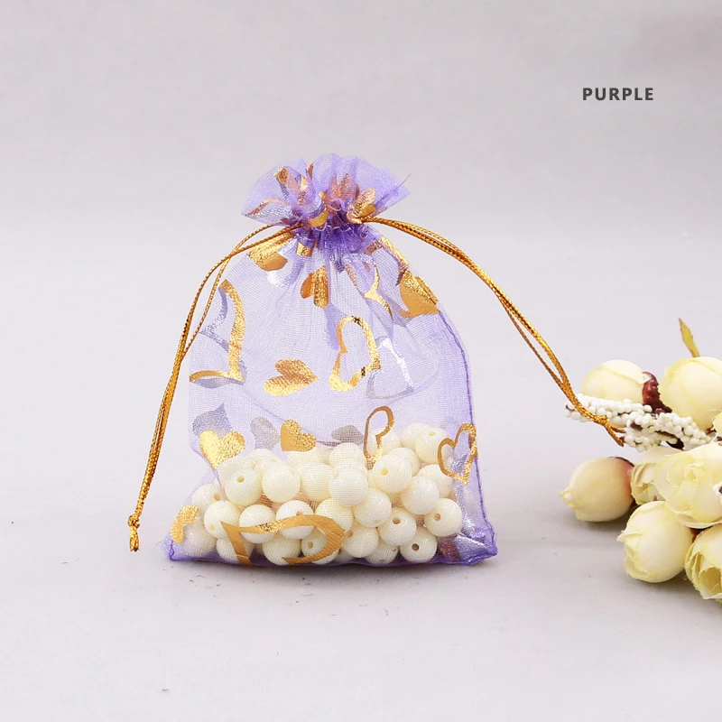 Ready to Ship Organza Bag 20x30 cm Gold Heart Print Small Gold String Gift Pouches Soap Net Drawer Bags Gift Packaging Bag